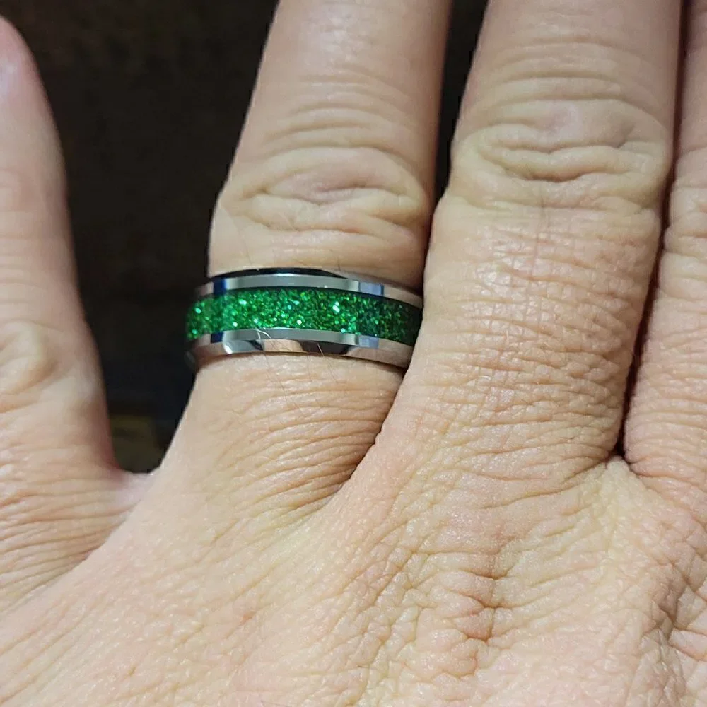Personalized Men's Green Emerald Galaxy Tungsten Promise Ring  or Wedding Ring
